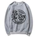 Grey Halloween sweatshirt featuring a skeleton hand peace sign graphic with circular text - Light Grey (Style 2)
