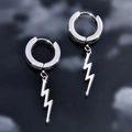 Polished stainless steel hoop earrings featuring sharp lightning bolt pendants in silver - Long Lightning