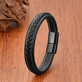 Close-up of black braided leather bracelet with white stitching and magnetic metal clasp - 19cm / Black/Black Clasp