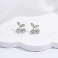 Close-up of S925 silver cherry stud earrings with clear zircons and green enamel leaves - Cherry