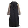 Women long black coat with light brown faux fur patchwork sleeves and button closure - XS / Black
