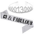 Silver 13th birthday set with rhinestone crown and glittery 13 & FABULOUS sash for girls - Silver 13 & Fabulous Set