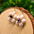 Baroque pearl flower earrings with blue lapis lazuli center and gold plated finish - Lapis Lazuli Flower Earrings Style 13