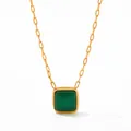 Vintage gold paperclip chain necklace featuring a square green malachite stone pendant - Gold Green