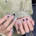 Faux ongles longs ballerine Y2K avec étoiles roses noires et strass brillants - Sweet Cool Étoile W76 / Avec kit d'outils