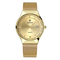 Men's WWOOR quartz watch featuring a gold mesh band and round dial with date display - Gold Case Gold Dial