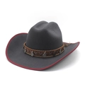 Dark grey felt cowboy hat featuring red trim, ethnic braided band, and vintage metal coins - M(56-58cm) / Gray