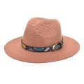 Detail of wide brim straw fedora with colorful geometric ribbon and gold buckle - M (56-58cm) / Dusty Pink