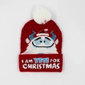 Red Christmas LED knitted beanie featuring cartoon Yeti and festive white pompom - Hat Style 48 (Red Yeti)