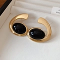 Pendientes ovalados dorados minimalistas con incrustaciones de resina negra para mujer - Grande / Dorado/Negro