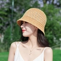 Elegant khaki knit sun hat for women featuring a delicate hollow weave texture - Middle Stripe Khaki