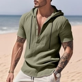 Men's olive green short sleeve linen beach hoodie shirt with Henley neck design - Army Green