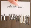 5521303-Silver 6 Pairs-Geometric Pearl Polished Hoops