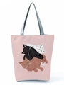 Detail of pink tote bag with cute cartoon cat illustration and gray handles - Three Stacked Cats Print (hl3555)