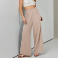Women's apricot linen wide leg pants with high paperbag elastic waist and side pockets - S / Beige