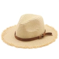 Chapeau de soleil en raphia beige avec bords frangés et ruban en cuir marron - Bord Effiloché Beige