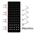 Detail view of 60pcs L-shaped stainless steel nose studs set in 1.5mm to 3.0mm sizes - L-Shape Bar (1.5-3.0mm) / 60pcs/box / Silver Bar + White Zircon