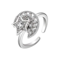 Bague anti-stress rotative argentée avec étoile lune et cristaux de zircone - Ouvert Réglable / Or Blanc