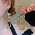 Bohemian oversized long fringe tassel earrings in antique gold finish with bell charms - Antique Gold Mandala Jhumka (295)