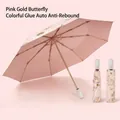 Pink butterfly print automatic folding umbrella with UV protection and rose gold finish - Automatic Colored Coating Gold Pole Butterfly