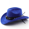 Detail of blue suede cowboy hat featuring bronze bull head emblem and star studs - M (56-58cm) / Sapphire Blue