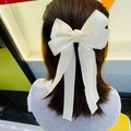 Eleganter weißer Satin-Schleifen-Haarclip von hinten auf einem hohen Pferdeschwanz - Weiß