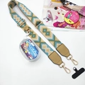 Ethnic geometric jacquard wide crossbody strap with a mini clear pouch and metal hooks - Khaki Green Diamond 3-Piece Set - Gold Buckle