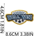 Detail showing WILL WIN embroidery patch dimensions 8.6x4.6cm with gold glitter edges - Will Win Banner Embroidery