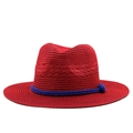 Classic red straw Panama hat with wide brim and decorative navy blue rope band - Adjustable (56-58cm) / Red