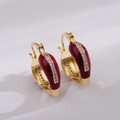 French vintage style red enamel hoop earrings in gold finish with white zircon row - Red
