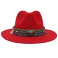 Detailed close-up of ethnic beaded band with turquoise on a red wool felt cowboy hat - M(56-58cm) / Red (Ethnic Decorative Band)