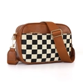 Brown faux leather crossbody bag with black and white checkerboard quilted patterns - Checkerboard Brown