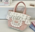 Pink plaid quilted handbag with white lace trim and floral bunny print details - Pink Plaid