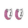 Detail macro view of luxury silver hoop earrings with double-row pink zircon gemstones - Silver Base-Pink Zircon