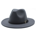 Detail of dark gray wool fedora hat featuring a black leather band and gold metal buckle - Dark Gray