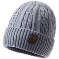 Winter grey cable knit beanie for men with warm fleece lining and leather logo patch - One Size / Light Gray