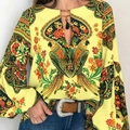 Gelbe Boho-Bluse mit Papageienmuster, Laternenärmeln und Quasten-Ausschnitt - S / Gelb