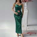 Elegant emerald green satin slip maxi dress with ruched details for evening parties - S / Dark Green