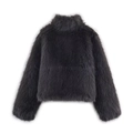 Women's faux fur short coat in dark charcoal grey, back view layout on white background - XS / Lead Grey