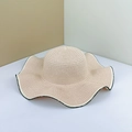Woven straw sun hat in beige with wide wavy brim and black and white stitched edge detail - M (56-58cm) / Pink