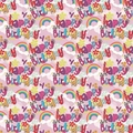 Pink and purple Happy Birthday wrapping paper with rainbows, hearts and cloud patterns - Birthday Rainbow