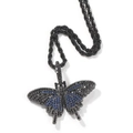 Hip hop style black butterfly pendant necklace with blue and black pavé crystals - Black-Blue Butterfly + Twist Chain
