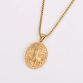 Close-up of gold oval pendant featuring detailed religious Virgin Mary engraving on box chain - Gold (with Chain)