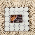Pack of 25 white unscented tea lights in aluminum cups arranged in a 5x5 matrix layout - 2 Hours 50 Pieces Round - White