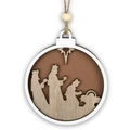 Detail of a round wooden Christmas ornament with star silhouettes and hanging rope - Holy Family (JM01990)