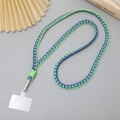 Detail of blue and green woven nylon phone lanyard with metal hook and transparent patch - 12mm Width / Cyan
