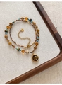 Bohemian style beaded necklace with tiger eye stone and gold heart charm on linen tray - Gold Brown Tiger Eye Round Style (19#)