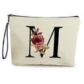 Cream canvas pouch with floral letter M design and black wristlet for makeup and travel - Floral Initial M Style