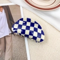 Blue and white checkerboard hair claw clip in a minimalist semi-circle resin design - 8.5cm / Navy Blue