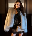 Close-up of grey faux fur coat paired with black lace dress and a metal buckle handbag - S / Khaki